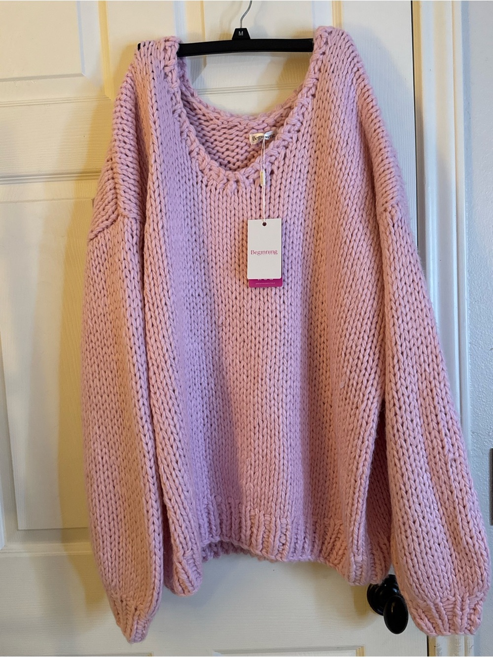 Beginning Boutique Pastel Pink Oversized V-Neck Chunky Sweater